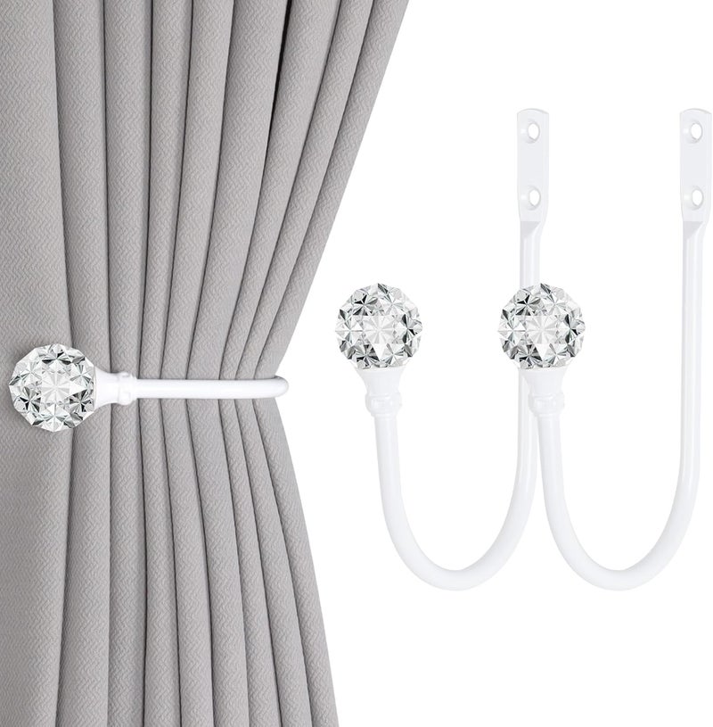 groleca 2 x Heavy Duty U Shaped Metal Curtain Holdbacks Curtain Tiebacks with Clear Crystal Ball Pull Backs Curtain Holders for Drapes (White) - Image 1